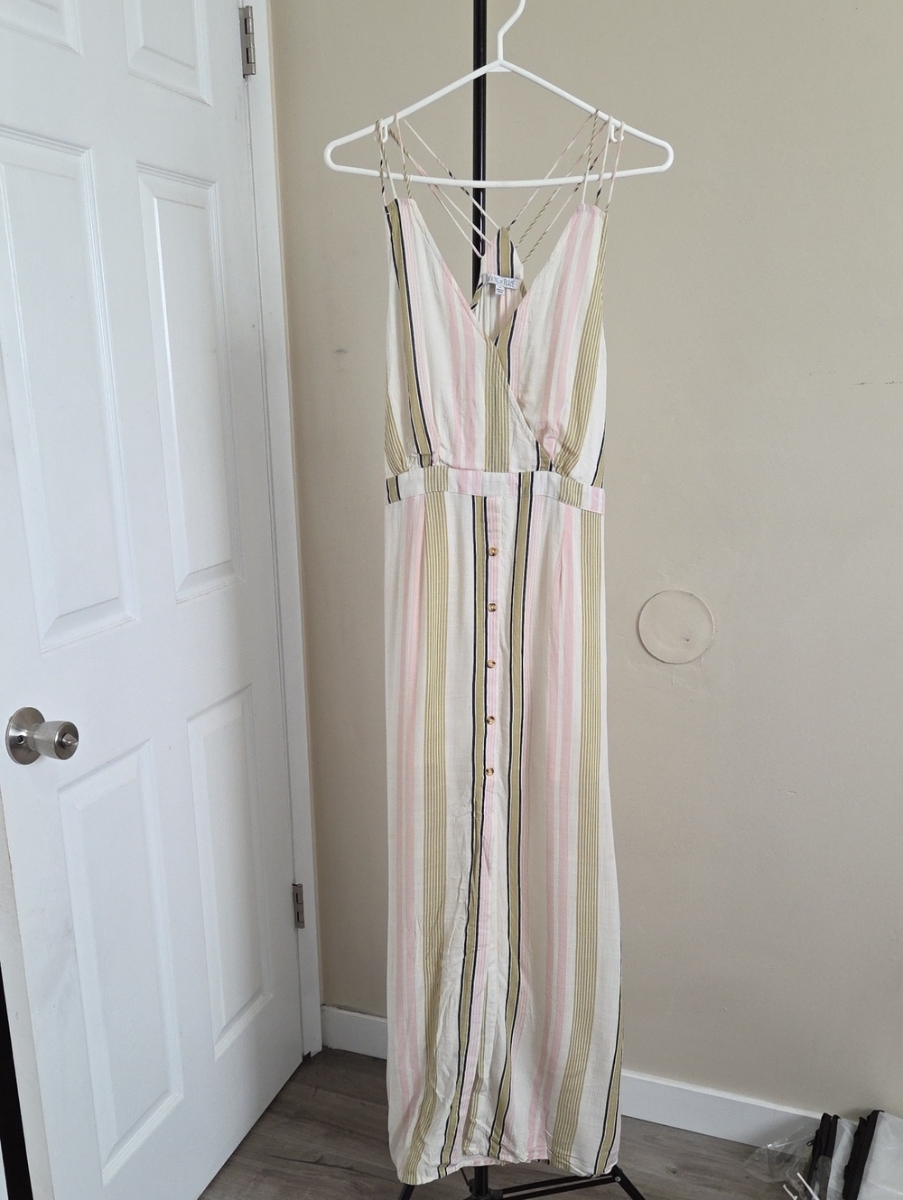 Patrons of Peace Pink & Olive Striped Button-Down Maxi Dress